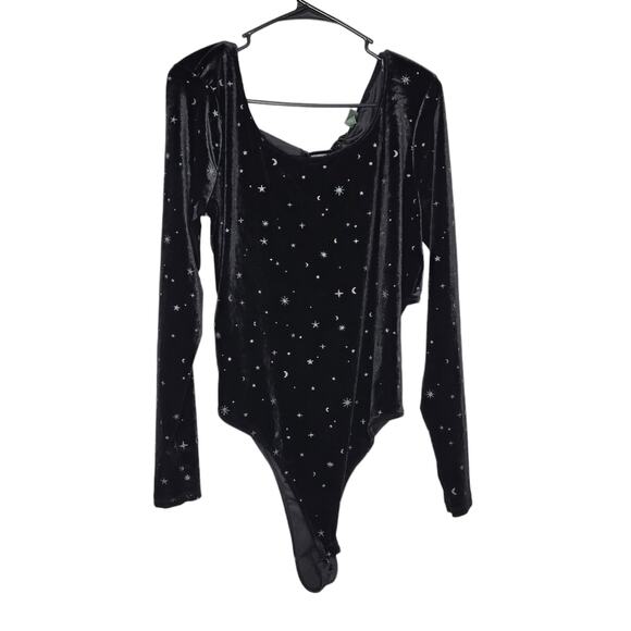 Wild Fable Black Velour Celestial Starry Night Long Sleeve Bodysuit Women's XXL - Picture 2 of 9